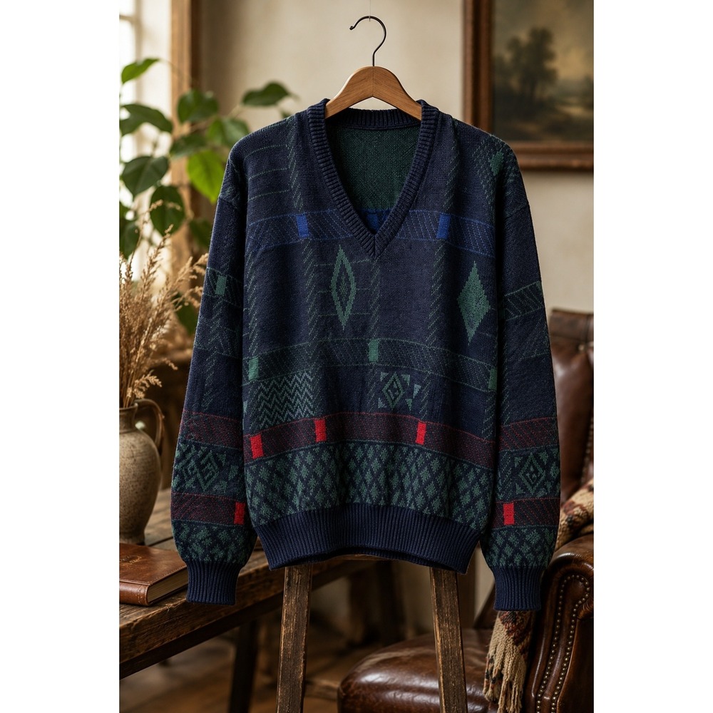 Vintage German Wool Geometric 90s Grandpa Knit V Neck Sweater XL CabinCore